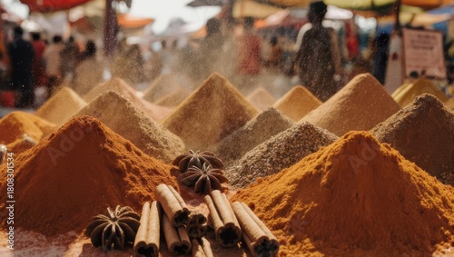 Fototapeta Naklejka Na Ścianę i Meble -  Colorful spice piles at a bustling market, pyramids of ground spices, cinnamon sticks and star anise. Blurred figures of market goers in the background