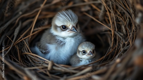 noticeably. A fluffy fledgling bird in a nest, smaller than its siblings, with a soft-focus background. wildlife magazines, conservation campaigns, designed for eco-tourism storytelling.