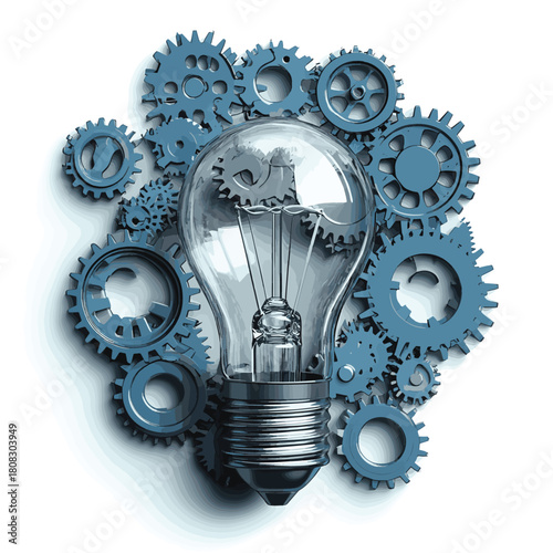An illustration of a lightbulb surrounded by gears, representing the innovation and ideation process inherent in business development.    high resolution   for isolate image