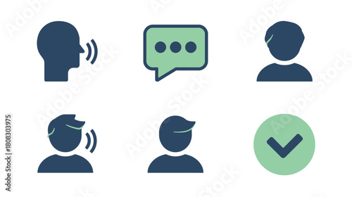 Icons representing communication, conversation, and confirmation in a simple, clean design.