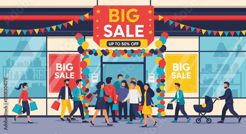 Big Sale Crowd: The exterior of a store hosts a large group of individuals, signaling the onset of a large sale and beckoning shoppers to partake in the bargains offered within.