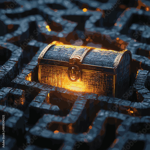 Glowing treasure chest in center of complex maze