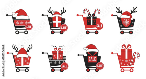 Holiday Shopping Cart Extravaganza: A festive ensemble of shopping carts, each adorned with seasonal decorations, promising enticing sales and delightful gifts for the holidays.