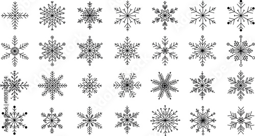 Set of distinct black snowflake line art icons, winter weather crystals, and Christmas decoration elements for holiday design