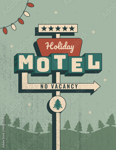 Retro winter holiday motel vertical poster with arrow, Christmas trees. Vector illustration in vintage colors and textured 1950s style for print, wall art, branding, social media