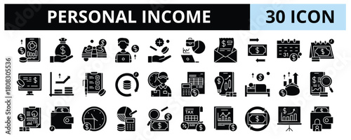 30 Personal Income Glyph Icons Vector - Salary Income, Freelance, Monthly Earnings, Income Growth, Part-Time, Earning Report, Private Income