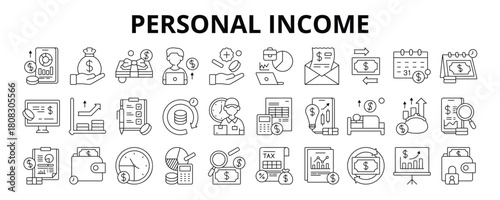 30 Personal Income Line Icons Vector - Salary Income, Freelance, Monthly Earnings, Income Growth, Part-Time, Earning Report, Private Income