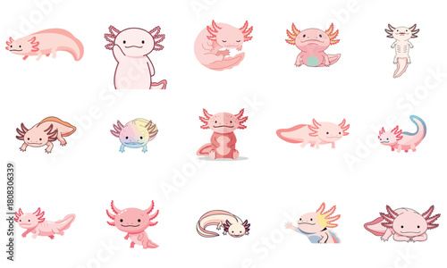 Ultimate Axolotl Sticker Set Collection Cartoon Vector Illustration Pink Aquatic Pet