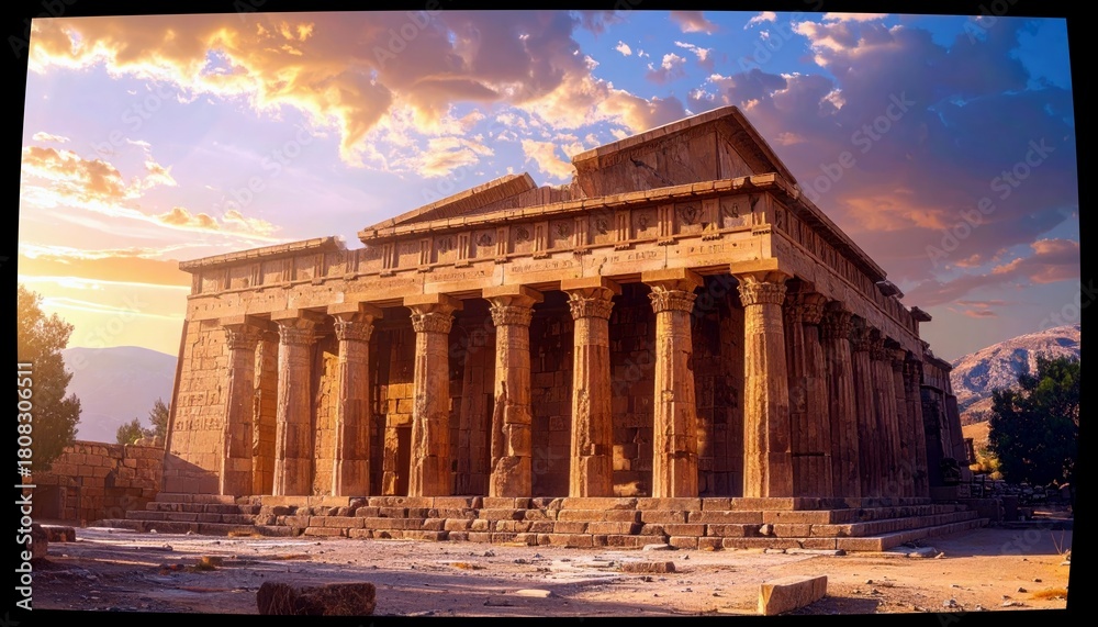 Obraz premium A majestic ancient temple with rows of columns stands against a vibrant sunset sky, hinting at historical grandeur and architectural beauty.