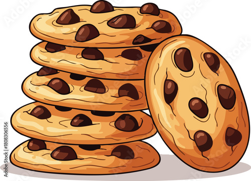 A stack of chocolate chip cookies on a plain white background with one leaning against the stack.