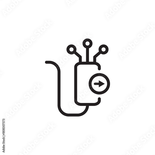 Fiber optic cable installation icon. Features a connector plug linked to a module showing data flow. Represents high-speed communication, broadband network, telecom infrastructure, and digital data.