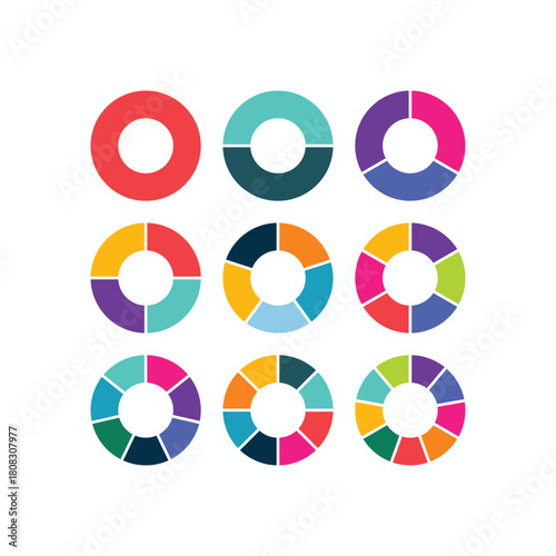 Colorful donut and pie chart vector set for data visualization, business presentations, infographics, and marketing reports