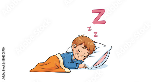 Cute Cartoon Boy Sleeping Peacefully on a Pillow.