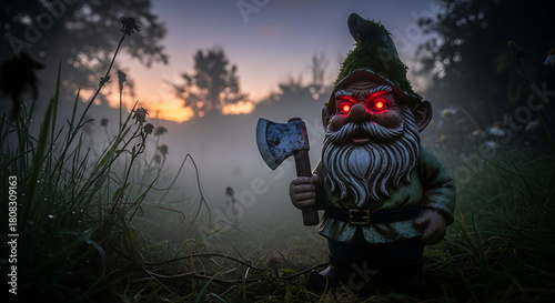 Charming unsettling gnome red eyes tiny axe foggy garden