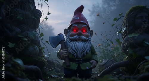 Charming unsettling gnome red eyes tiny axe foggy garden