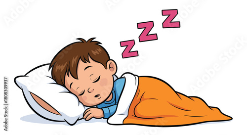 Cute Cartoon Boy Sleeping Peacefully on Pillow Under Blanket.