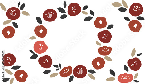 正月の椿イラストフレーム。年賀状用和風植物フレーム。椿と植物の北欧風。