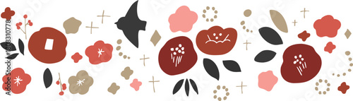 正月の椿イラストフレーム。年賀状用和風植物フレーム。椿と植物の北欧風。