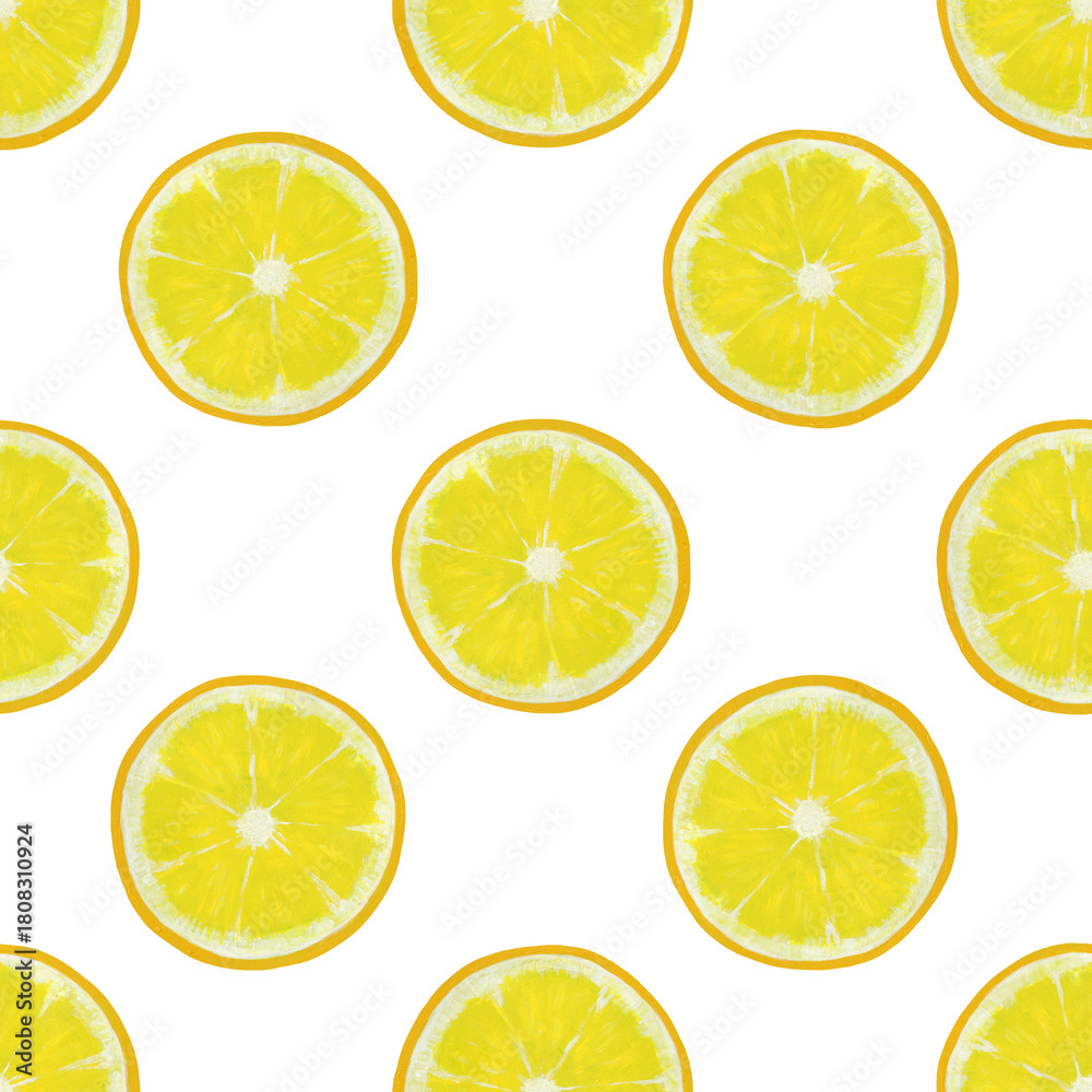 Fototapeta premium Seamless pattern with round slices of lemon on white background. Hand painted with acrylic paints.