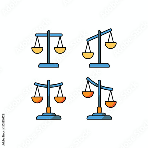 Colorful balance scale vector icon set representing justice, equilibrium, law, and comparison. Fully editabl