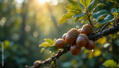 A close up shot of acorns growing on a branch with leaves in a forest during a sunny day outdoors