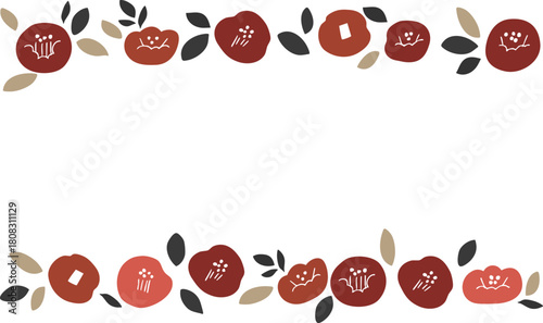 正月の椿イラストフレーム。年賀状用和風植物フレーム。椿と植物の北欧風。