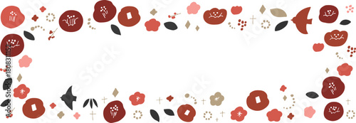 正月の椿イラストフレーム。年賀状用和風植物フレーム。椿と植物の北欧風。