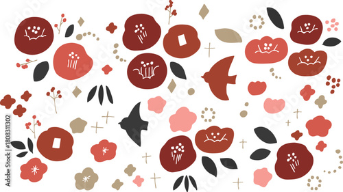 正月の椿イラストフレーム。年賀状用和風植物フレーム。椿と植物の北欧風。