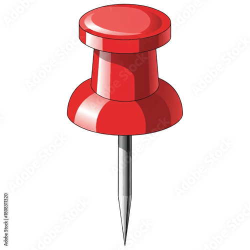 A detailed vector illustration of a shiny red plastic pushpin with a sharp metal point, isolated on a white background for office or school use