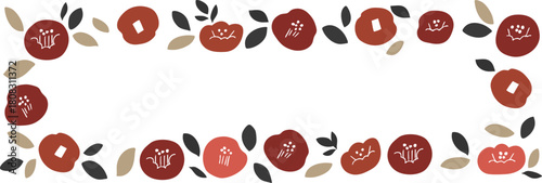 正月の椿イラストフレーム。年賀状用和風植物フレーム。椿と植物の北欧風。