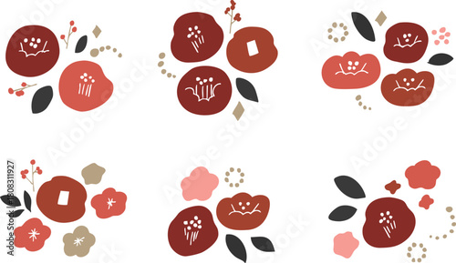 正月の椿イラストフレーム。年賀状用和風植物フレーム。椿と植物の北欧風。