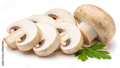 Cleanly sliced button mushroom with smooth edges on white background, ideal for nutrition guides and ingredient illustrations.

