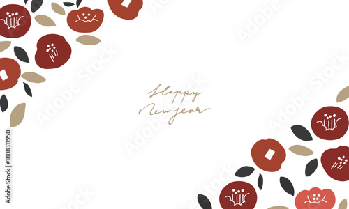 正月の椿イラストフレーム。年賀状用和風植物フレーム。椿と植物の北欧風。