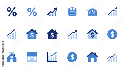 Collection of financial and real estate icons in blue.