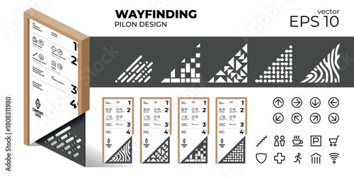 Modern Wayfinding Pilon Directory Design Vector Set. Editable templates for indoor navigation signage, featuring floor information, public icons (WC, parking, food), arrows, and abstract patterns.