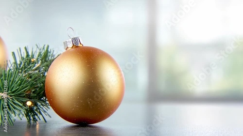 Golden Ornament's Festive: a gold christmas ornament and a green garland rests on a dark surface and window backdrop create a elegant atmosphere for winter holidays