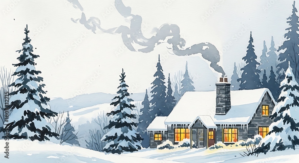 Fototapeta premium Watercolor painting of a snow covered cottage with smoke rising from the chimney in a winter landscape