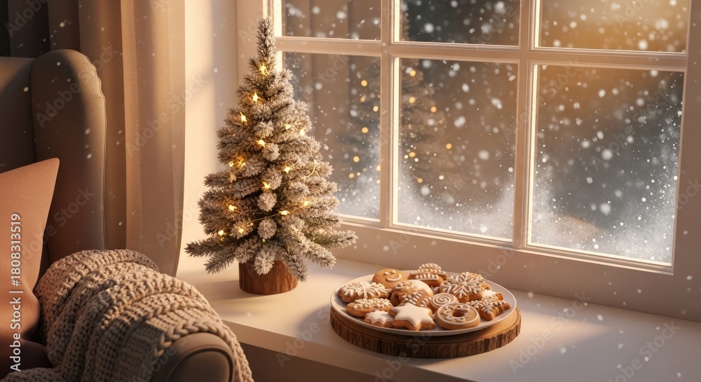 Obraz premium Cozy Christmas Scene - Festive Tree, Cookies, and Snowy Window.