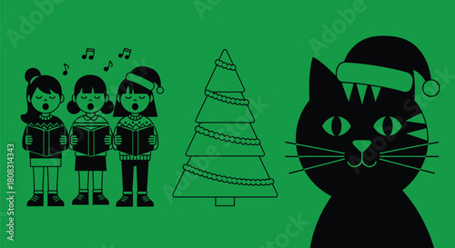 Christmas carolers with christmas tree and cat wearing santa hat vector