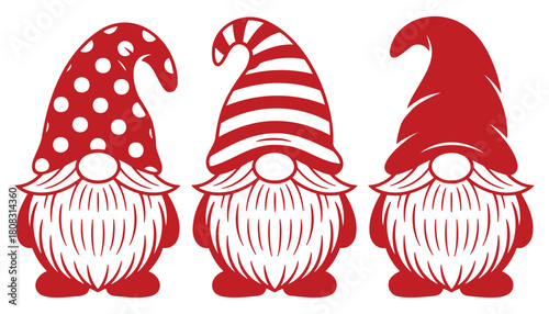 Christmas Gnome Trio, red hat gnomes, holiday dwarf illustration set, Festive Gnome Characters, striped hats, winter holiday decorative artwork