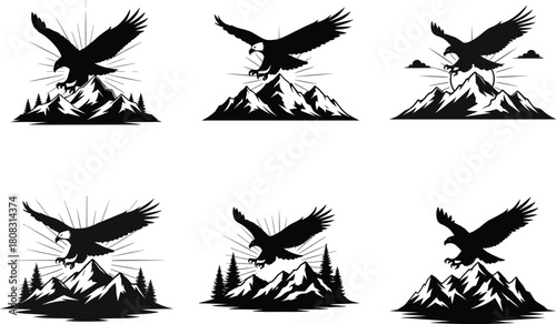 Collection of majestic bald eagles flying over mountain peaks, black vector silhouettes with sun rays, vintage style for logo design, outdoor adventure symbols.