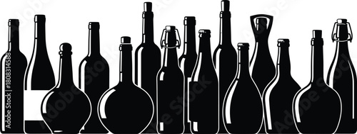 Collection of various glass bottles including wine, beer and spirits, isolated black silhouettes vector illustration for bar menu, liquor store design.
