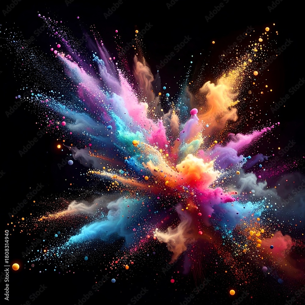 Obraz premium An explosion of vibrant, multicolored powders erupts against a stark black backdrop, creating a dazzling cosmic effect