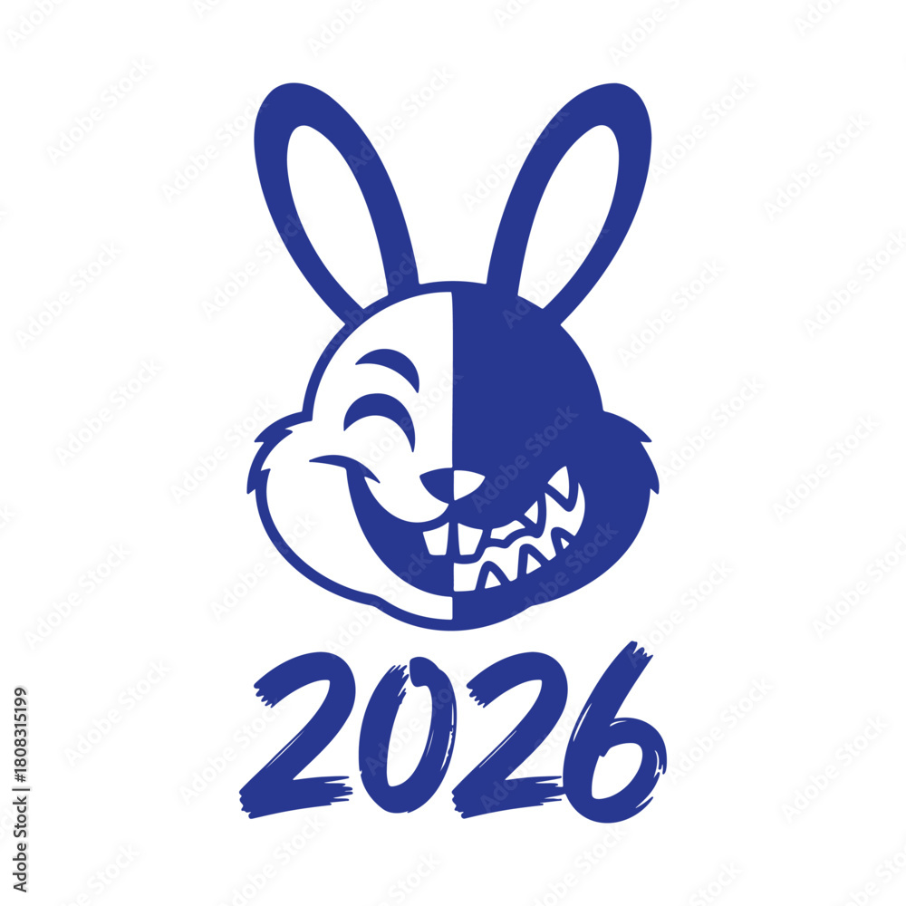 Obraz premium Rabbit Zodiac 2026, blue rabbit face, stylized zodiac artwork, 2026 Rabbit Year Logo, bold rabbit mascot, Lunar New Year symbol