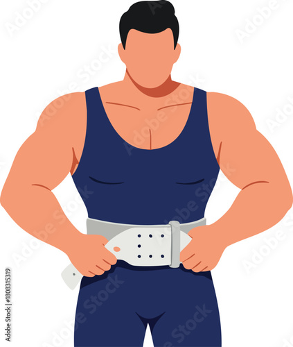 Vector Illustration of a Muscular Man in Tank Top with Belt in Modern Minimalist Style Featuring Skin Tones and Navy Blue Colors for Fitness and Sports Branding
