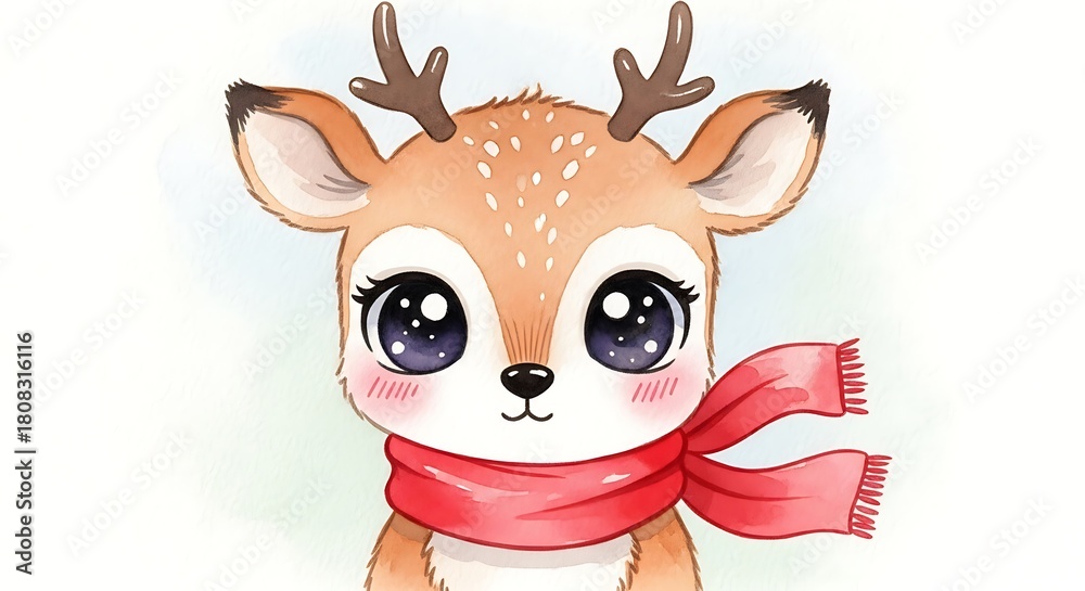 Fototapeta premium Illustration of a cute deer with big eyes and a red scarf wearing in a white background image art