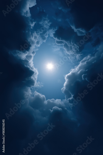 Minimal deep-blue cloudscape with central glowing star and large negative sky space