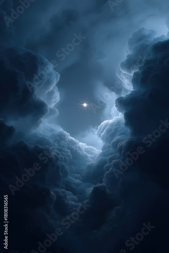 Minimal deep-blue cloudscape with central glowing star and large negative sky space