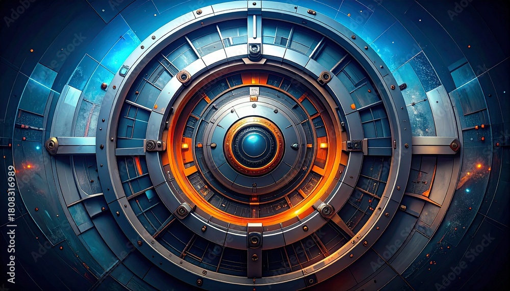 Fototapeta premium Futuristic Sci-Fi Aperture. Vault Door with Blue and Orange Neon Light
