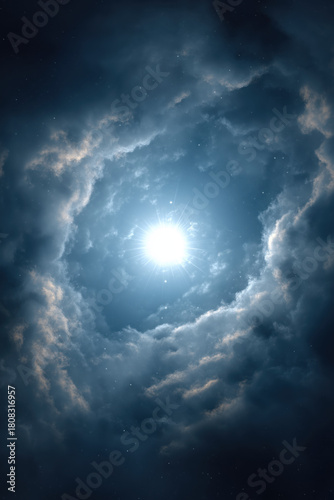 Minimal deep-blue cloudscape with central glowing star and large negative sky space